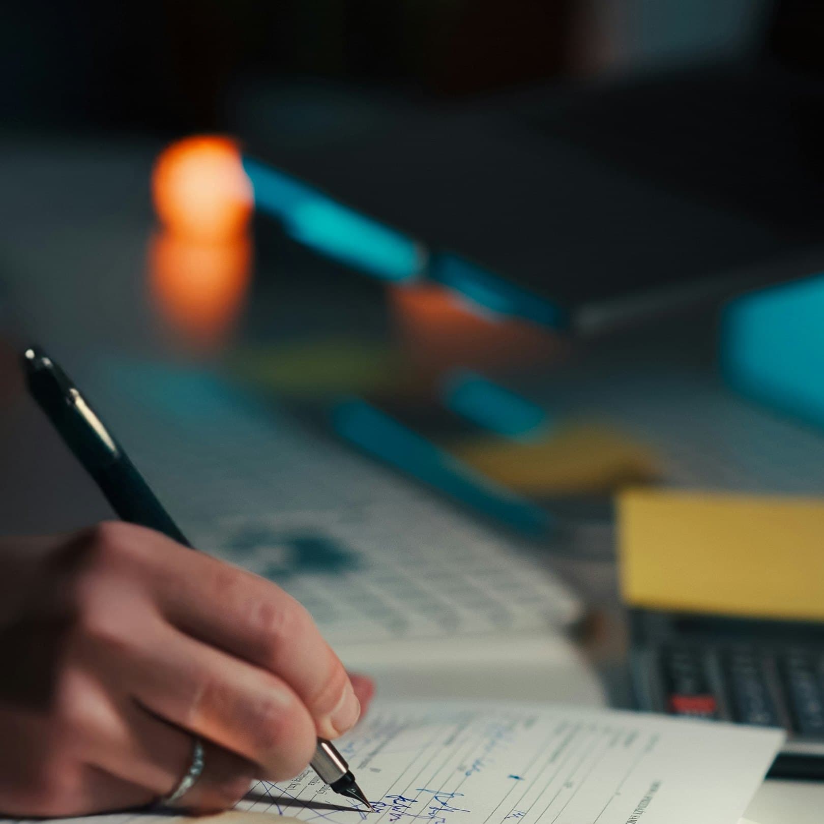 A hand filling in a paper form by lamplight, late at night.